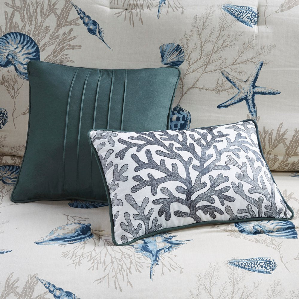 Set of Seven Blue And Ivory Queen Ring Stitch Sham And Comforter