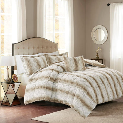 Set of Four Sand And Ivory Striped Queen Ring Stitch Polyester Sham And Comforter