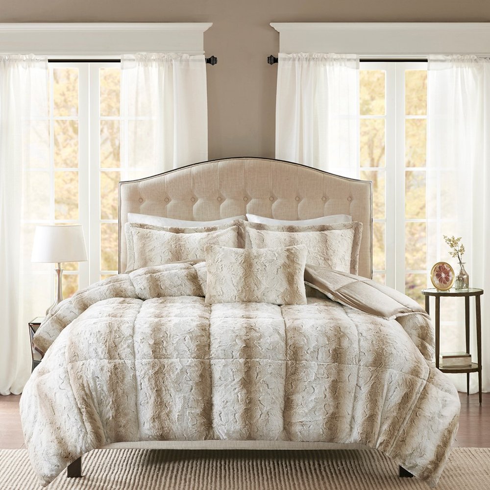 Set of Four Sand And Ivory Striped Queen Ring Stitch Polyester Sham And Comforter