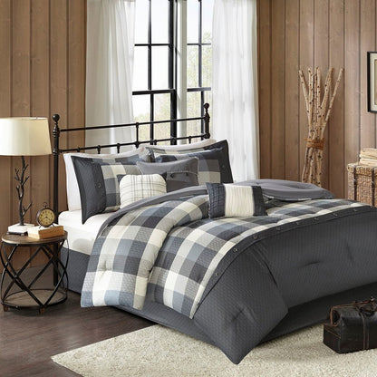 Set of Seven Gray And Ivory Plaid King Ring Stitch Polyester Sham And Comforter