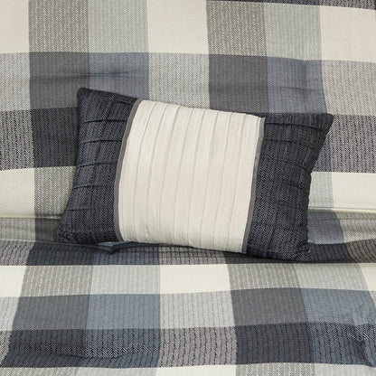 Set of Seven Gray And Ivory Plaid King Ring Stitch Polyester Sham And Comforter