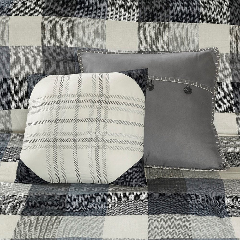 Set of Seven Gray And Ivory Plaid King Ring Stitch Polyester Sham And Comforter