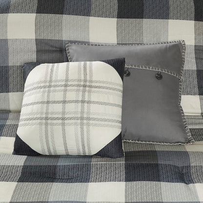 Set of Seven Gray And Ivory Plaid King Ring Stitch Polyester Sham And Comforter