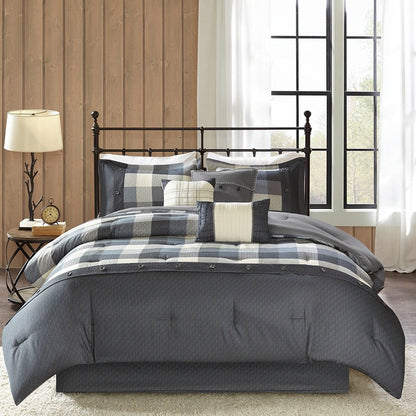 Set of Seven Gray And Ivory Plaid King Ring Stitch Polyester Sham And Comforter