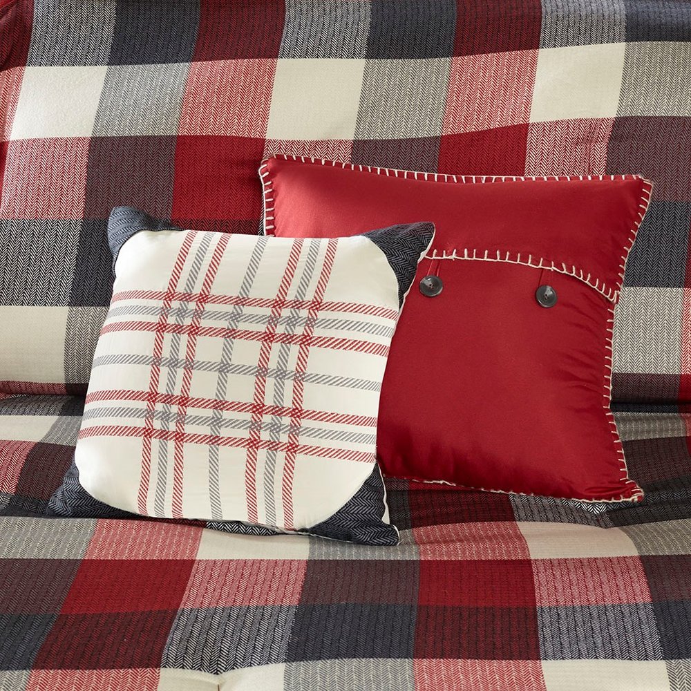 Set of Seven Red And Gray Plaid King Ring Stitch Polyester Sham And Comforter