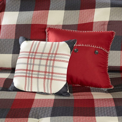Set of Seven Red And Gray Plaid King Ring Stitch Polyester Sham And Comforter