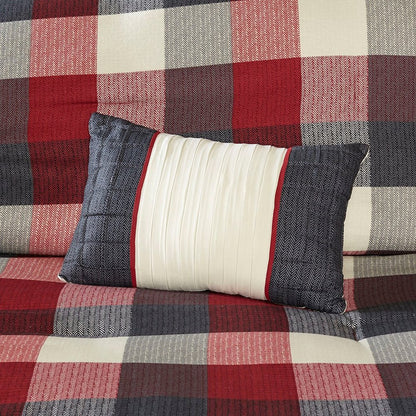 Set of Seven Red And Gray Plaid King Ring Stitch Polyester Sham And Comforter