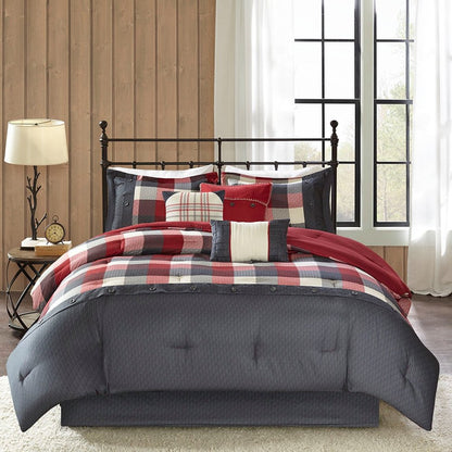 Set of Seven Red And Gray Plaid King Ring Stitch Polyester Sham And Comforter
