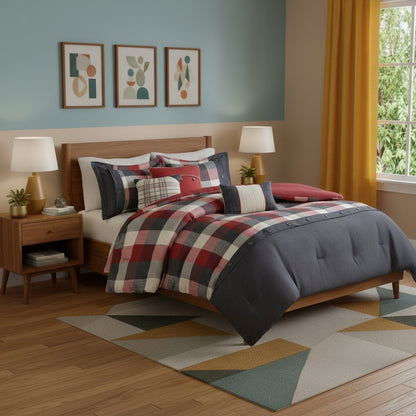 Set of Seven Red And Gray Plaid King Ring Stitch Polyester Sham And Comforter