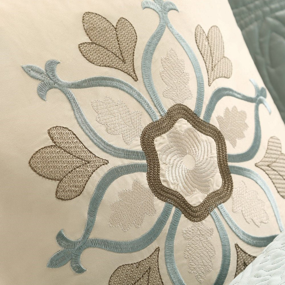 Set of Nine Ivory And Light Blue Medallion King Ring Stitch Polyester Sham And Comforter