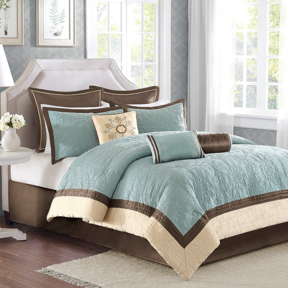 Set of Nine Ivory And Light Blue Medallion King Ring Stitch Polyester Sham And Comforter