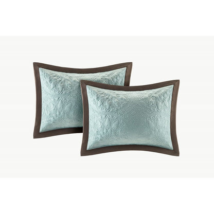 Set of Nine Ivory And Light Blue Medallion King Ring Stitch Polyester Sham And Comforter
