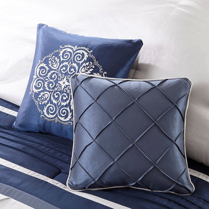 Set of Seven Navy Blue Striped Queen Ring Stitch Polyester Sham And Comforter