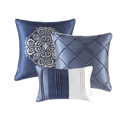Set of Seven Navy Blue Striped Queen Ring Stitch Polyester Sham And Comforter