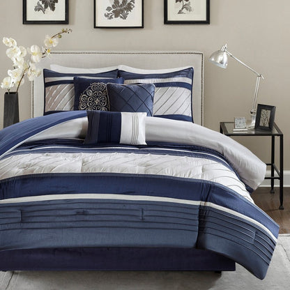 Set of Seven Navy Blue Striped Queen Ring Stitch Polyester Sham And Comforter