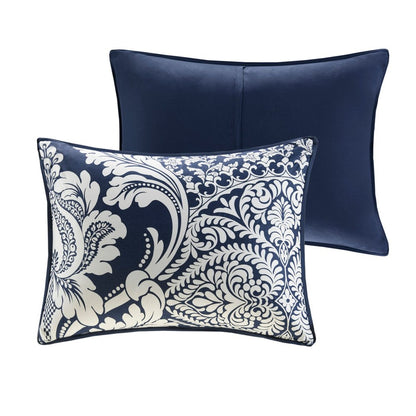 Set of Seven Indigo And White Damask Queen Ring Stitch Polyester Sham And Comforter