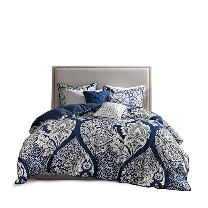 Set of Seven Indigo And White Damask Queen Ring Stitch Polyester Sham And Comforter