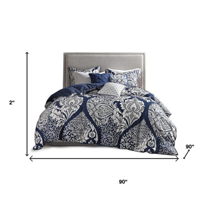 Set of Seven Indigo And White Damask Queen Ring Stitch Polyester Sham And Comforter