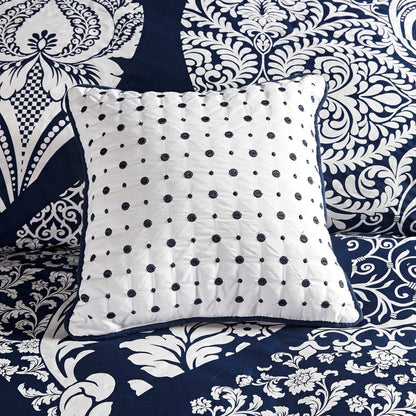 Set of Seven Indigo And White Damask Queen Ring Stitch Polyester Sham And Comforter