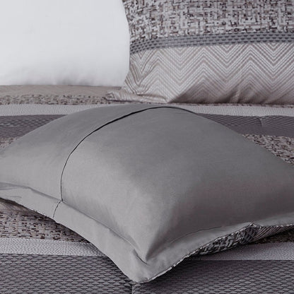Set of Seven Gray And Taupe Striped King Ring Stitch Polyester Sham And Comforter