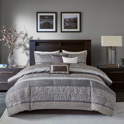 Set of Seven Gray And Taupe Striped King Ring Stitch Polyester Sham And Comforter