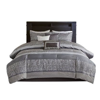 Set of Seven Gray And Taupe Striped King Ring Stitch Polyester Sham And Comforter