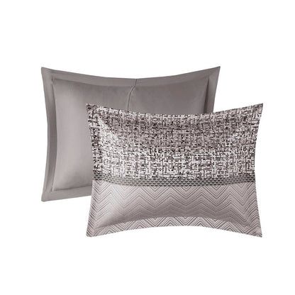 Set of Seven Gray And Taupe Striped King Ring Stitch Polyester Sham And Comforter