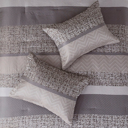 Set of Seven Gray And Taupe Striped King Ring Stitch Polyester Sham And Comforter