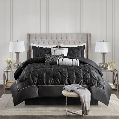 Set of Seven Black King Ring Stitch Polyester Sham And Comforter