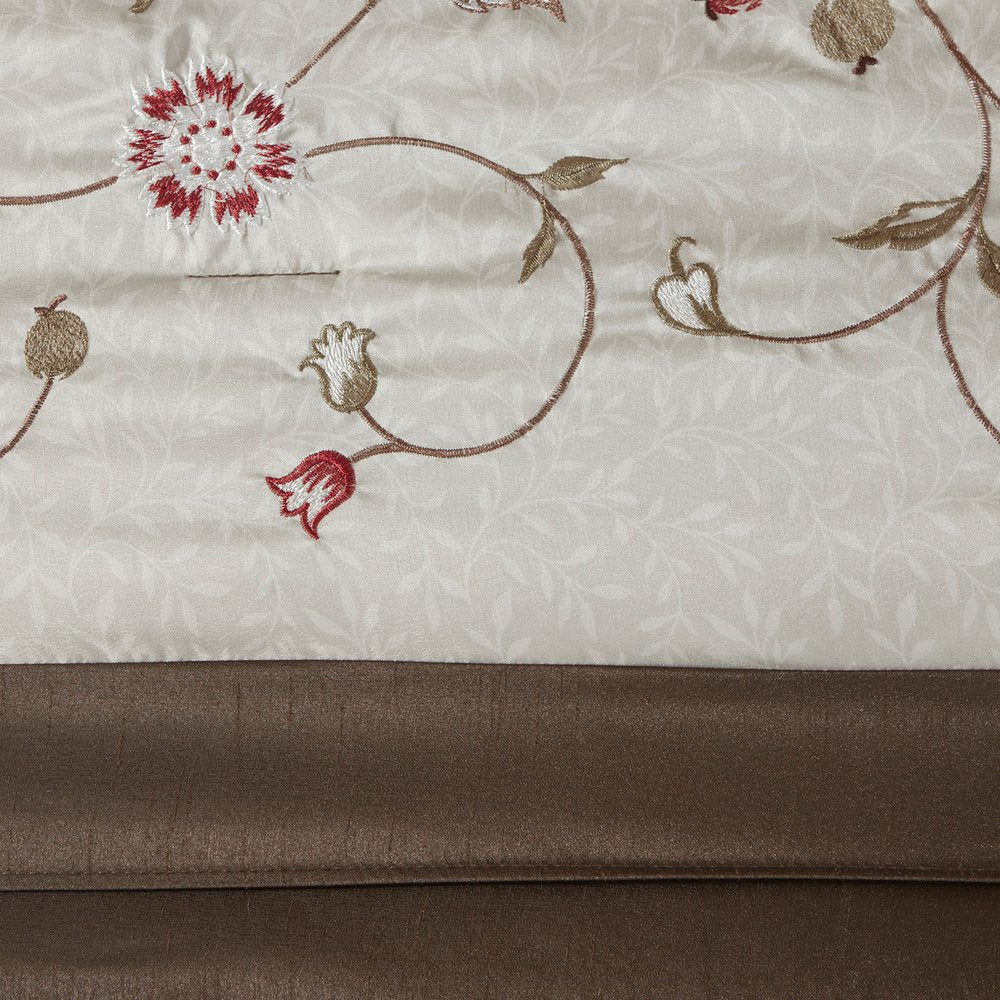 Set of Seven Red Brown And Ivory Floral King Ring Stitch Polyester Sham And Comforter