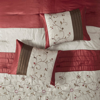 Set of Seven Red Brown And Ivory Floral King Ring Stitch Polyester Sham And Comforter
