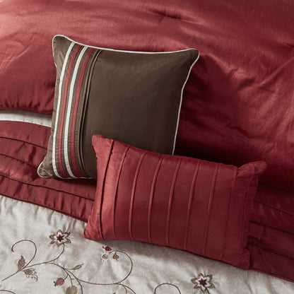 Set of Seven Red Brown And Ivory Floral King Ring Stitch Polyester Sham And Comforter