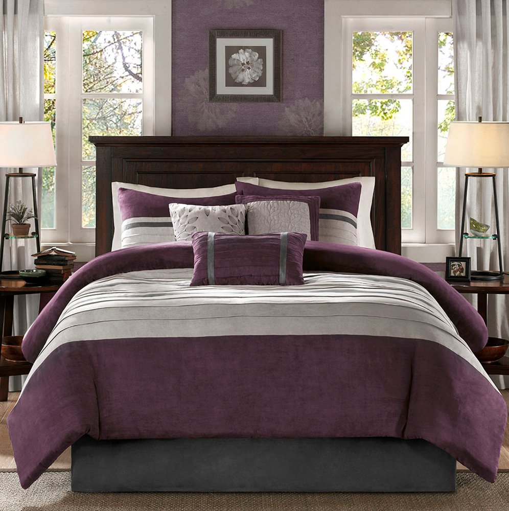 Set of Seven Purple And Gray Striped King Ring Stitch Polyester Sham And Comforter