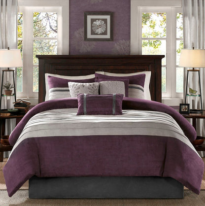 Set of Seven Purple And Gray Striped King Ring Stitch Polyester Sham And Comforter