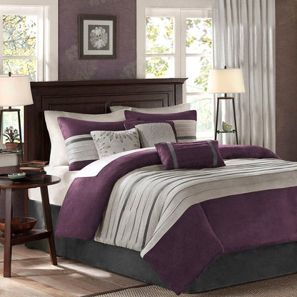 Set of Seven Purple And Gray Striped King Ring Stitch Polyester Sham And Comforter