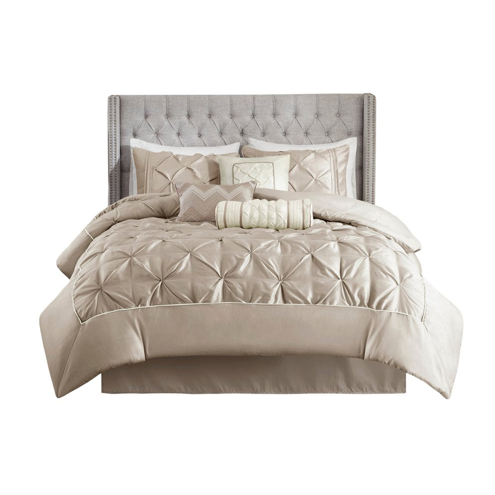 Set of Seven Taupe King Ring Stitch Polyester Sham And Comforter