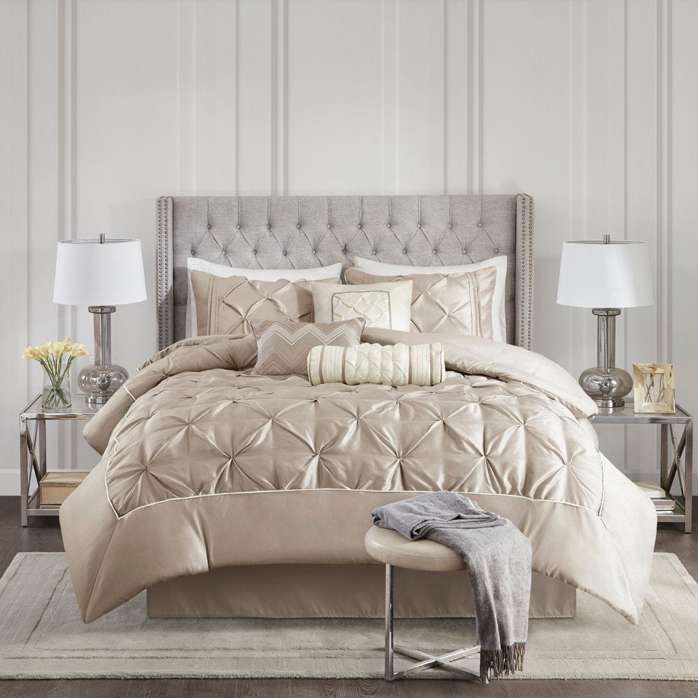 Set of Seven Taupe King Ring Stitch Polyester Sham And Comforter