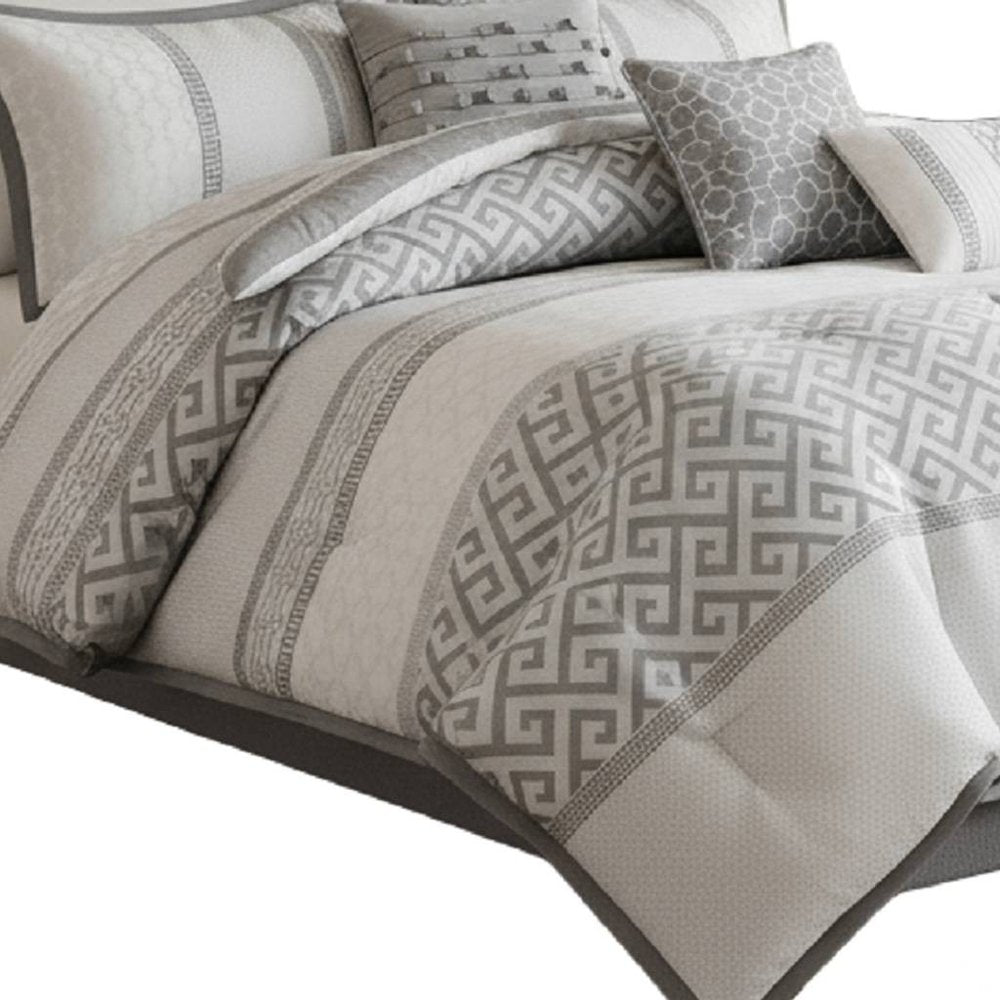 Set of Seven Gray And Ivory Striped King Ring Stitch Polyester Sham And Comforter