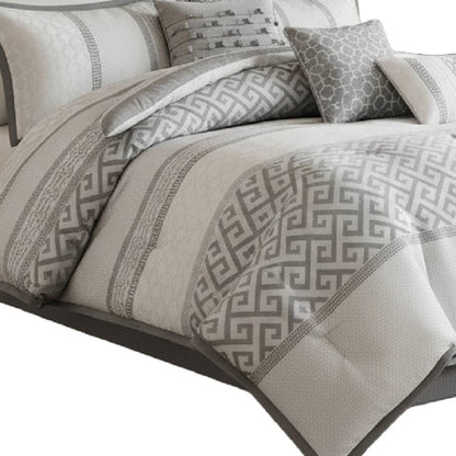 Set of Seven Gray And Ivory Striped King Ring Stitch Polyester Sham And Comforter