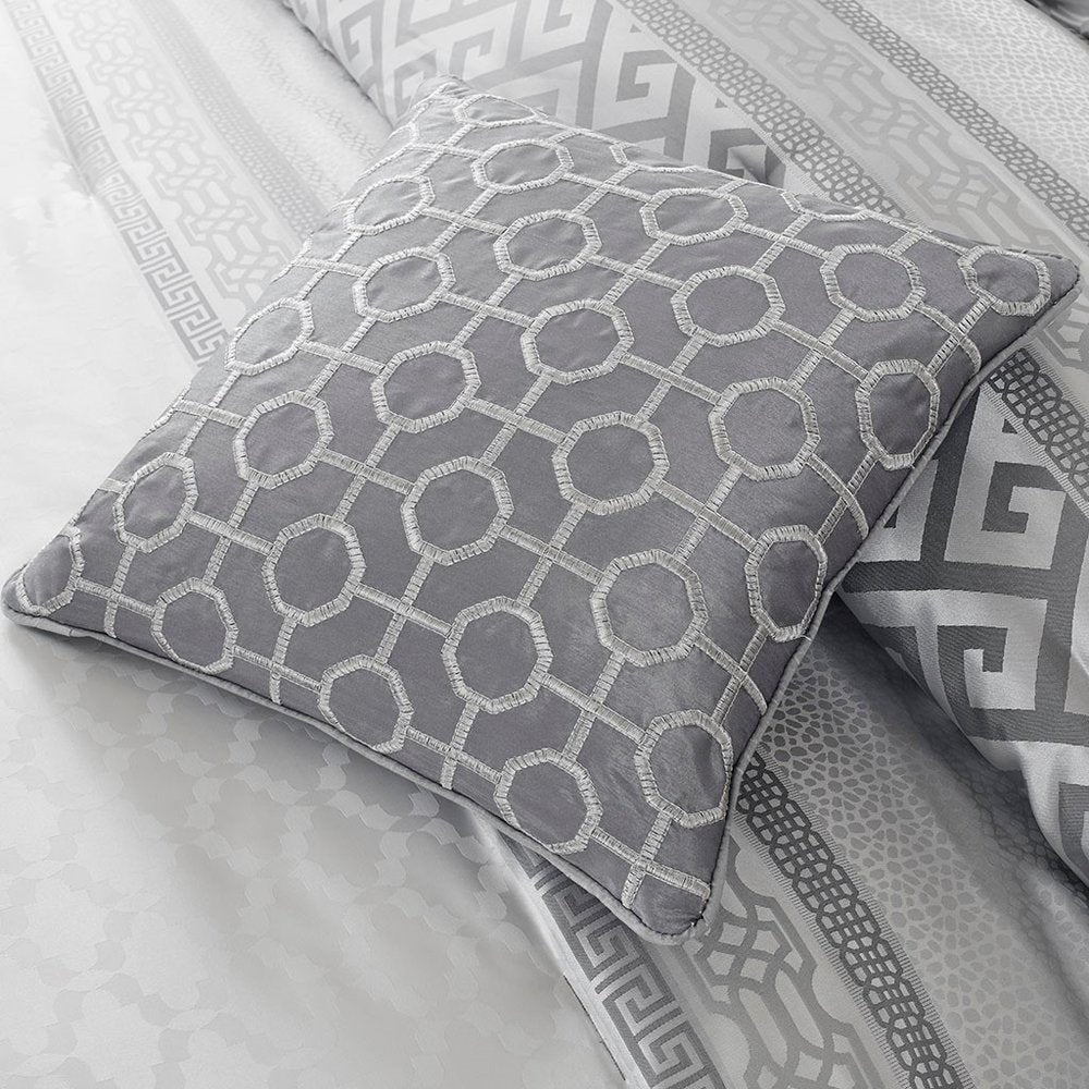 Set of Seven Gray And Ivory Striped King Ring Stitch Polyester Sham And Comforter