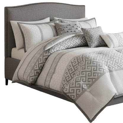 Set of Seven Gray And Ivory Striped King Ring Stitch Polyester Sham And Comforter