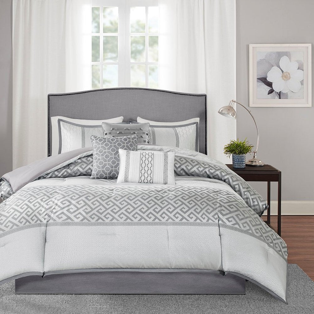 Set of Seven Gray And Ivory Striped King Ring Stitch Polyester Sham And Comforter