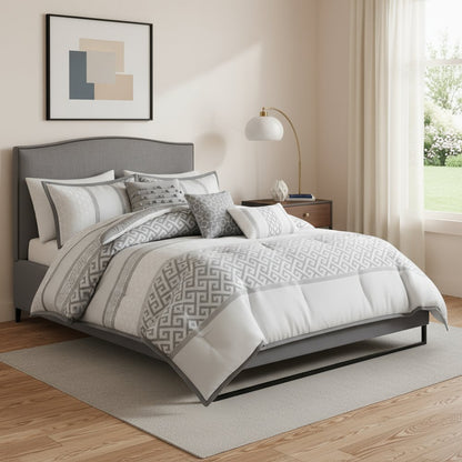 Set of Seven Gray And Ivory Striped King Ring Stitch Polyester Sham And Comforter