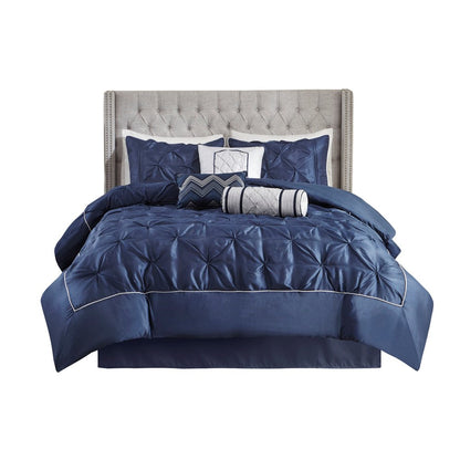 Set of Seven Navy Blue Queen Ring Stitch Polyester Sham And Comforter