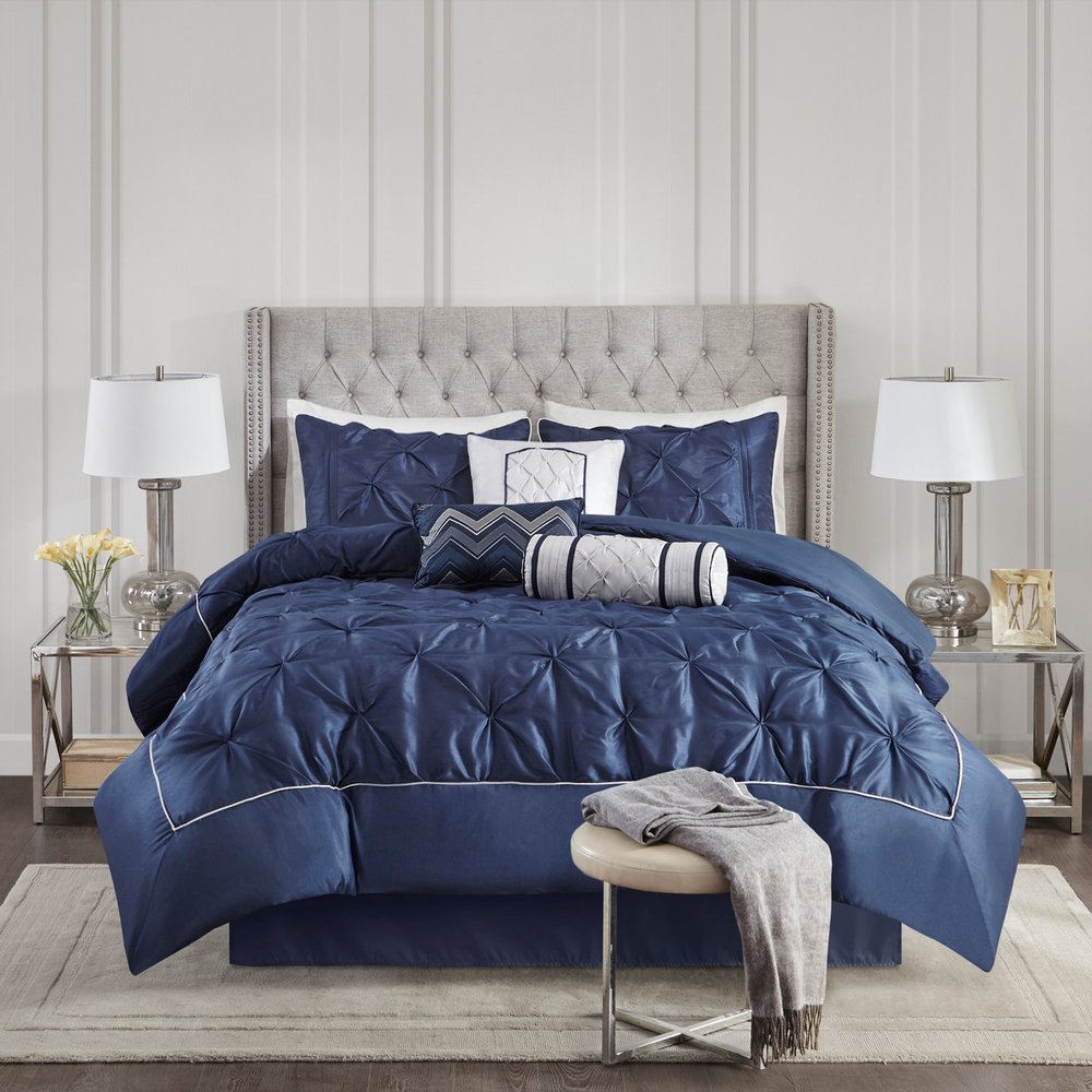 Set of Seven Navy Blue Queen Ring Stitch Polyester Sham And Comforter