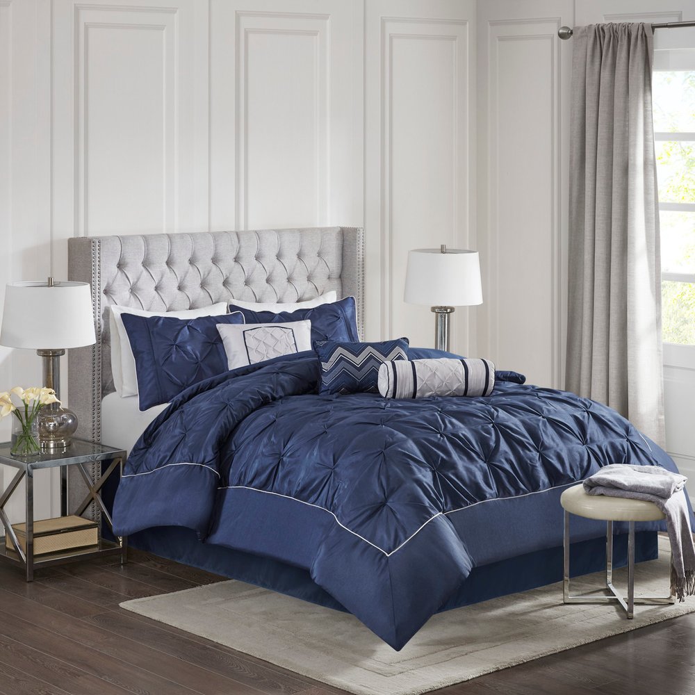 Set of Seven Navy Blue Queen Ring Stitch Polyester Sham And Comforter