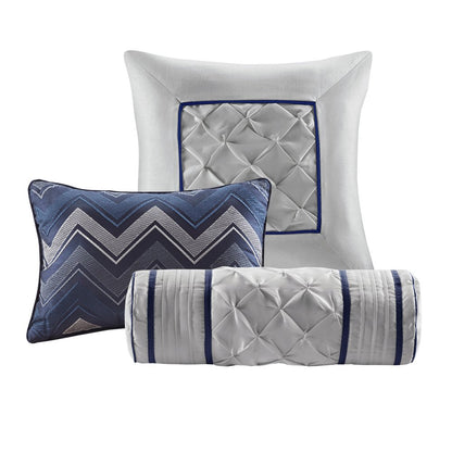 Set of Seven Navy Blue Queen Ring Stitch Polyester Sham And Comforter
