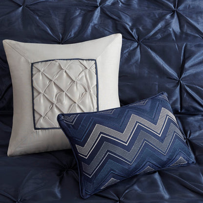 Set of Seven Navy Blue Queen Ring Stitch Polyester Sham And Comforter