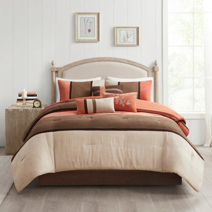 Set of Seven Coral And Brown Striped King Ring Stitch Polyester Sham And Comforter