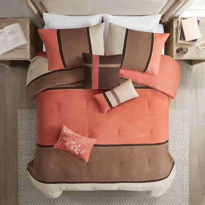 Set of Seven Coral And Brown Striped King Ring Stitch Polyester Sham And Comforter